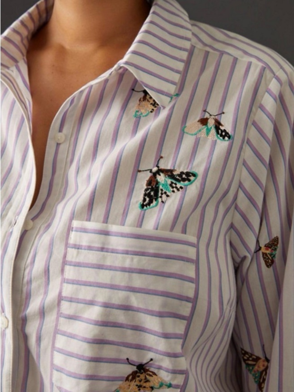 ANTHROPOLOGIE MAEVE Butterfly Embroidered Button Down Stripe Shirt, relaxed XS - Picture 2 of 13